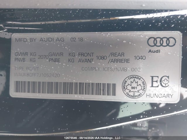 12675546 :رقم المزاد ، WAUK8GFF7J1052420 vin ، 2018 Audi A3 2.0t Technik مزاد بيع