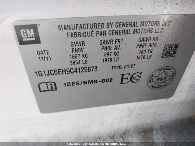 2012 Chevrolet Sonic Lt მანქანა იყიდება აუქციონზე, vin: 1G1JC6EH9C4125873, აუქციონის ნომერი: 12675552
