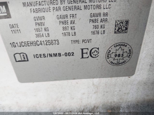 2012 Chevrolet Sonic Lt მანქანა იყიდება აუქციონზე, vin: 1G1JC6EH9C4125873, აუქციონის ნომერი: 12675552