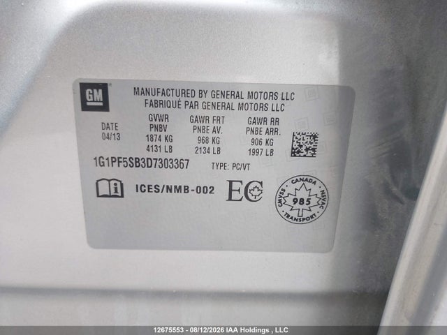 Aukcja sprzedaży 2013 Chevrolet Cruze Lt, vin: 1G1PF5SB3D7303367, numer aukcji: 12675553
