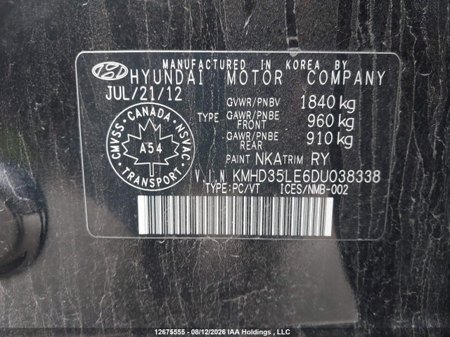 12675555 :رقم المزاد ، KMHD35LE6DU038338 vin ، 2013 Hyundai Elantra Gt Gls مزاد بيع