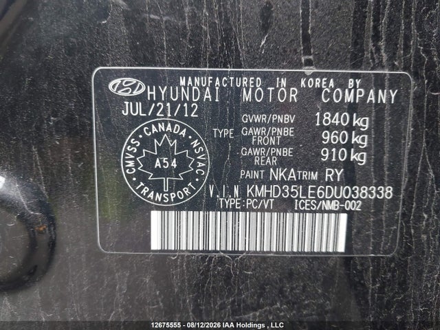 12675555 :رقم المزاد ، KMHD35LE6DU038338 vin ، 2013 Hyundai Elantra Gt Gls مزاد بيع