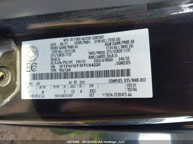 Продажа на аукционе авто 2015 Ford F150 Supercrew, vin: 1FTFW1EF3FFC64220, номер лота: 12675566