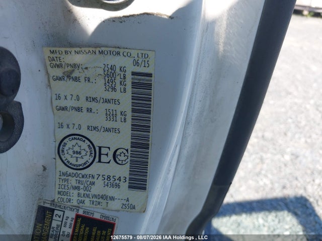 12675579 :رقم المزاد ، 1N6AD0CWXFN758543 vin ، 2015 Nissan Frontier Pro-4x/sv مزاد بيع