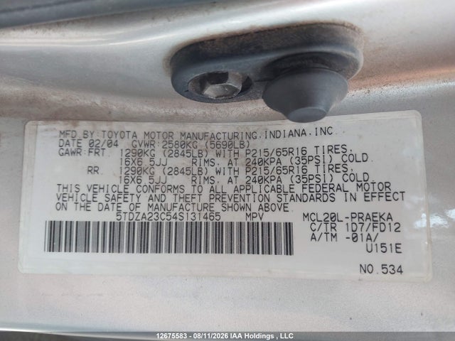 2004 Toyota Sienna მანქანა იყიდება აუქციონზე, vin: 5TDZA23C54S131465, აუქციონის ნომერი: 12675583