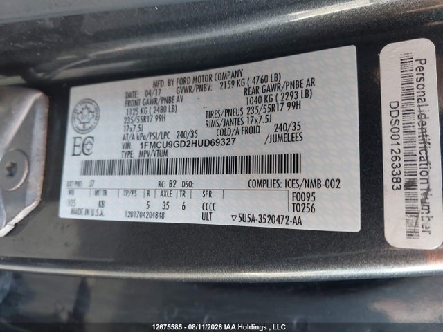 Ford ESCAPE SE 2017 1FMCU9GD2HUD69327 Image 19
