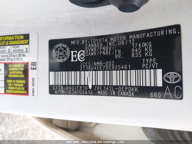 12671605 :رقم المزاد ، 2T1BU4EE7DC925461 vin ، 2013 Toyota Corolla Ce مزاد بيع