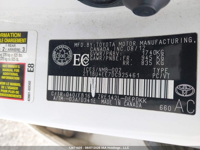 12671605 :رقم المزاد ، 2T1BU4EE7DC925461 vin ، 2013 Toyota Corolla Ce مزاد بيع