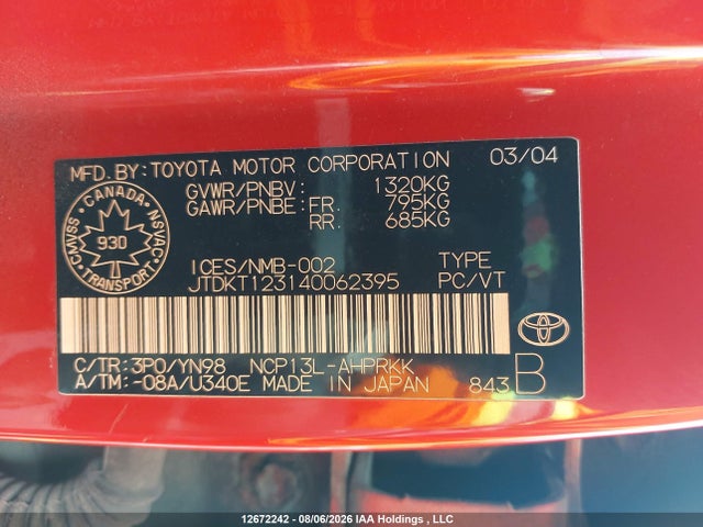 12672242 :رقم المزاد ، JTDKT123140062395 vin ، 2004 Toyota Echo Le مزاد بيع