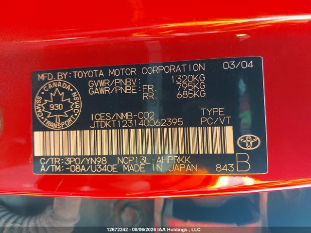 12672242 :رقم المزاد ، JTDKT123140062395 vin ، 2004 Toyota Echo Le مزاد بيع