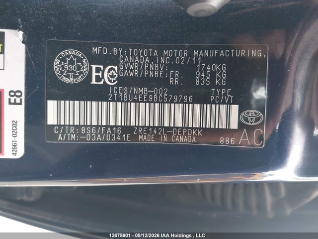 12675601 :رقم المزاد ، 2T1BU4EE9BC579796 vin ، 2011 Toyota Corolla S/le مزاد بيع