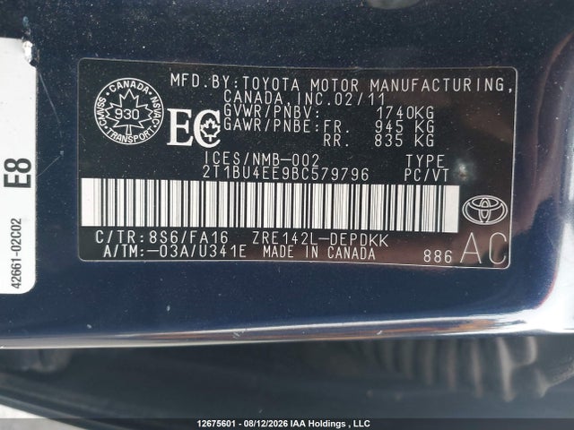 12675601 :رقم المزاد ، 2T1BU4EE9BC579796 vin ، 2011 Toyota Corolla S/le مزاد بيع