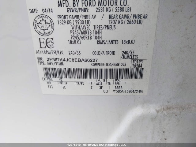 Продажа на аукционе авто 2014 Ford Edge Sel, vin: 2FMDK4JC8EBA66227, номер лота: 12675610