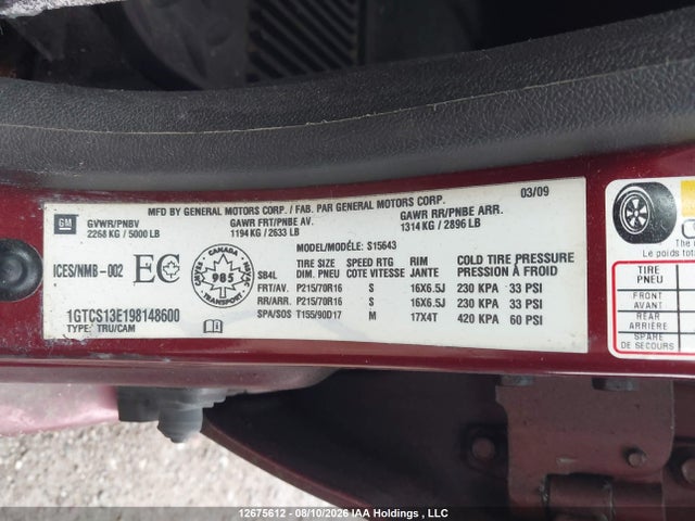 12675612 :رقم المزاد ، 1GTCS13E198148600 vin ، 2009 Gmc Canyon مزاد بيع