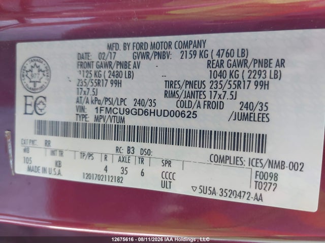 Ford ESCAPE SE 2017 1FMCU9GD6HUD00625 Image 9