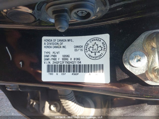 12675619 :رقم المزاد ، 2HGFC2F79GH021194 vin ، 2016 Honda Civic Ex مزاد بيع