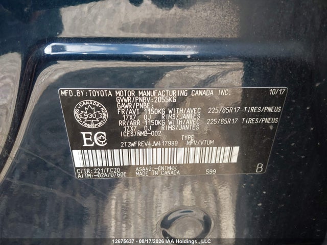 2018 Toyota Rav4 Xle მანქანა იყიდება აუქციონზე, vin: 2T3WFREV4JW417989, აუქციონის ნომერი: 12675637