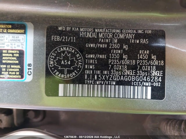 Продажа на аукционе авто 2011 Hyundai Santa Fe Gls, vin: 5XYZGDAG0BG046284, номер лота: 12675639