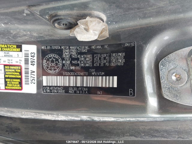 Продажа на аукционе авто 2012 Toyota Sienna, vin: 5TDZK3DC4CS246770, номер лота: 12675647