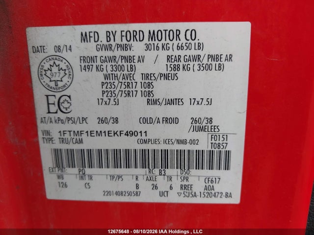 Продаж на аукціоні авто 2014 Ford F150, vin: 1FTMF1EM1EKF49011, номер лоту: 12675648
