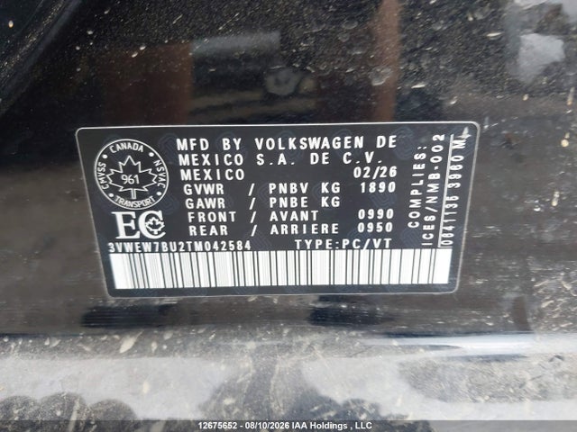 12675652 :رقم المزاد ، 3VWEW7BU2TM042584 vin ، 2026 Volkswagen Jetta Comfortline مزاد بيع