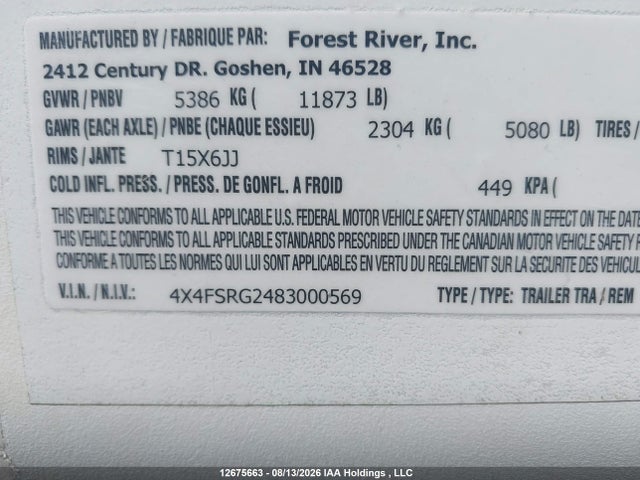 Aukcja sprzedaży 2008 Forest River Sabre, vin: 4X4FSRG2483000569, numer aukcji: 12675663