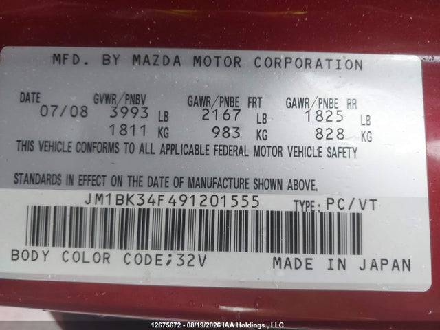 Продаж на аукціоні авто 2009 Mazda Mazda3 Gx, vin: JM1BK34F491201555, номер лоту: 12675672