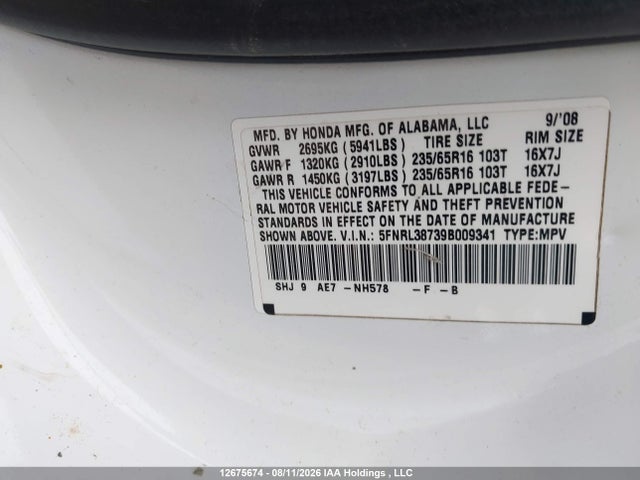 2009 Honda Odyssey Ex-l მანქანა იყიდება აუქციონზე, vin: 5FNRL38739B009341, აუქციონის ნომერი: 12675674
