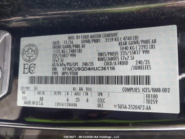 Продажа на аукционе авто 2017 Ford Escape Se, vin: 1FMCU9GD4HUC36116, номер лота: 12675677