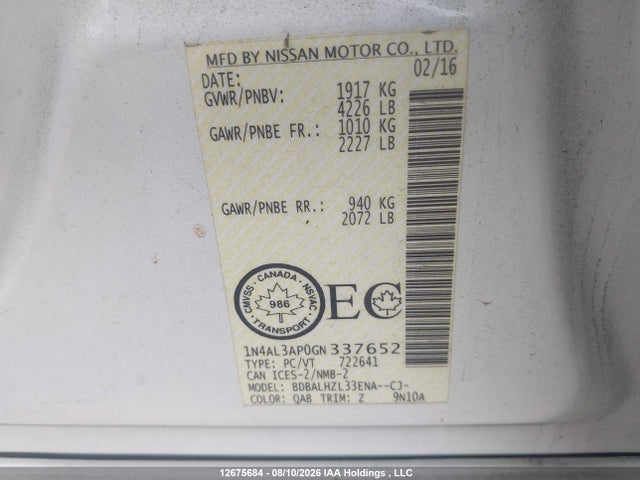 1N4AL3AP0GN337652 Nissan Altima 2.5/2.5 S/2.5 Sl Tech/2.5 Sr/2.5 Sv
