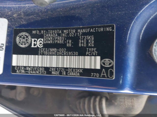 12675685 :رقم المزاد ، 2T1BURHE0HC859530 vin ، 2017 Toyota Corolla Se مزاد بيع