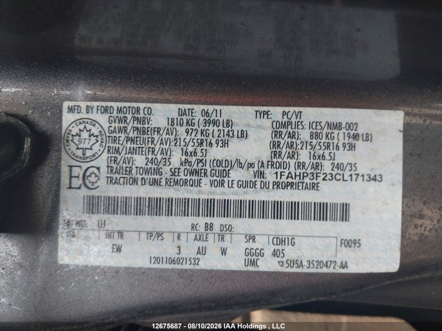 2012 Ford Focus Se მანქანა იყიდება აუქციონზე, vin: 1FAHP3F23CL171343, აუქციონის ნომერი: 12675687