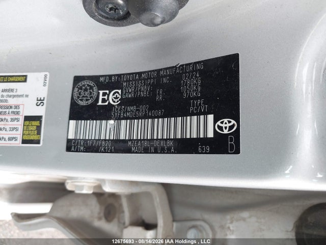 12675693 :رقم المزاد ، 5YFB4MDE5RP140087 vin ، 2024 Toyota Corolla Le مزاد بيع