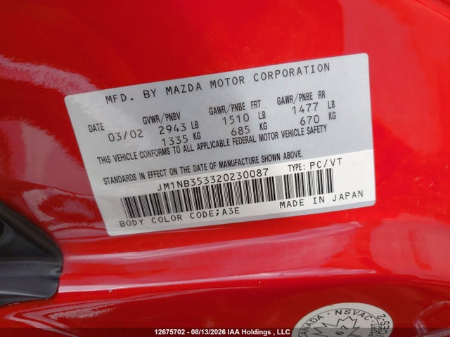 Продажа на аукционе авто 2002 Mazda Mx-5 Miata 1.8/special Edition, vin: JM1NB353320230087, номер лота: 12675702