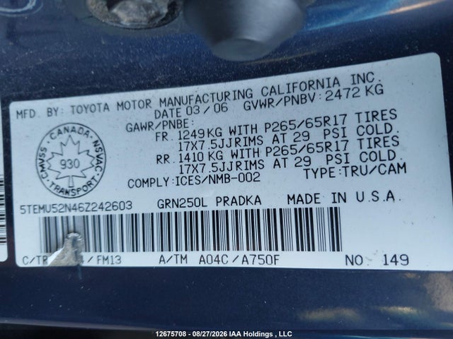 2006 Toyota Tacoma Double Cab Long Bed მანქანა იყიდება აუქციონზე, vin: 5TEMU52N46Z242603, აუქციონის ნომერი: 12675708