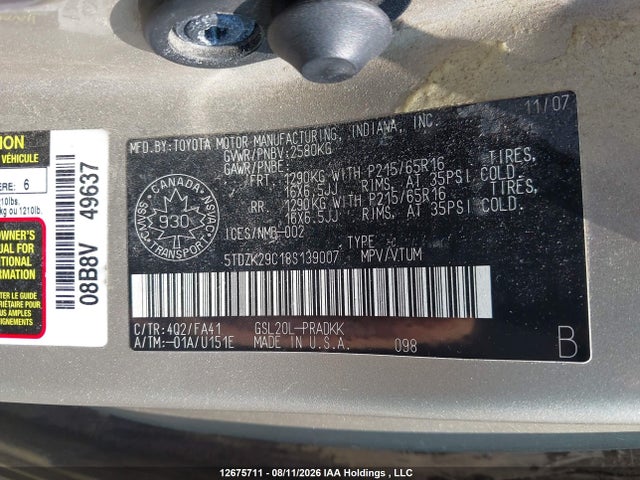 2008 Toyota Sienna Ce მანქანა იყიდება აუქციონზე, vin: 5TDZK29C18S139007, აუქციონის ნომერი: 12675711