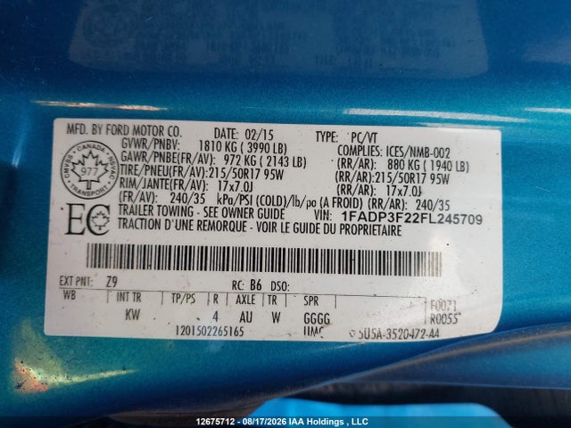 Ford FOCUS SE 2015 1FADP3F22FL245709 Image 9