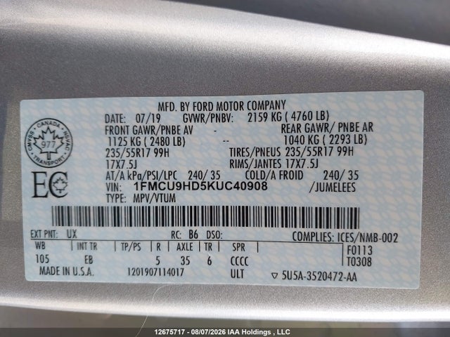 1FMCU9HD5KUC40908 Ford ESCAPE SEL