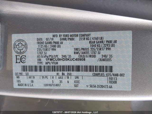 1FMCU9HD5KUC40908 Ford ESCAPE SEL