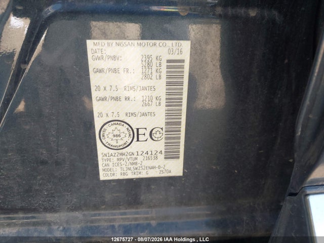 5N1AZ2MH2GN124124 Nissan Murano Platinum/sl/sv