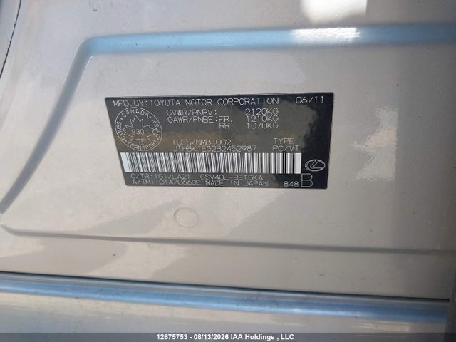12675753 :رقم المزاد ، JTHBK1EG2B2452987 vin ، 2011 Lexus Es 350 350 مزاد بيع