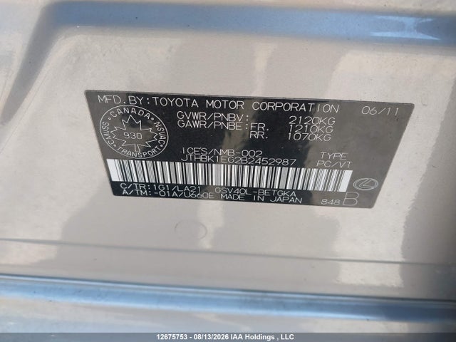 12675753 :رقم المزاد ، JTHBK1EG2B2452987 vin ، 2011 Lexus Es 350 350 مزاد بيع