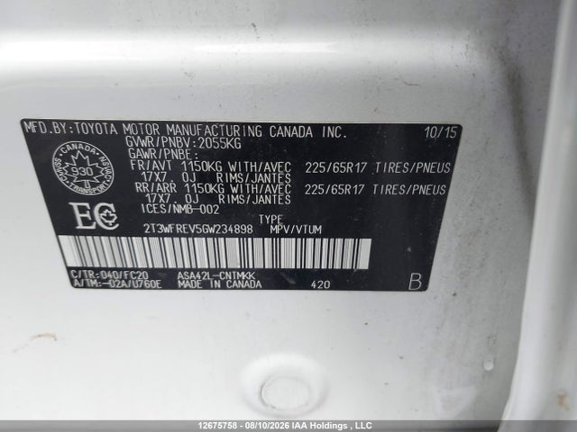 2T3WFREV5GW234898 Toyota Rav4 Xle