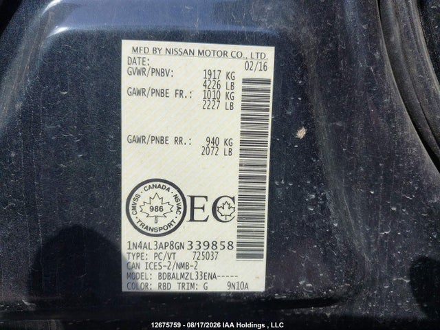 Продаж на аукціоні авто 2016 Nissan Altima 2.5/s/sv/sl/sr, vin: 1N4AL3AP8GN339858, номер лоту: 12675759