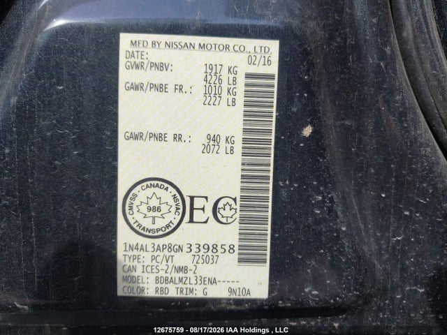 Продаж на аукціоні авто 2016 Nissan Altima 2.5/s/sv/sl/sr, vin: 1N4AL3AP8GN339858, номер лоту: 12675759
