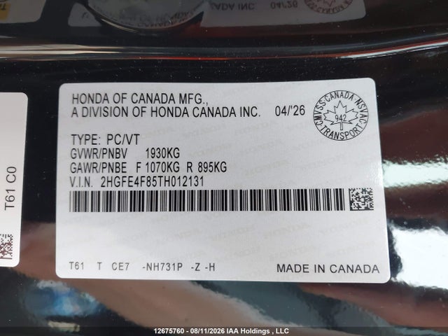 Продажа на аукционе авто 2026 Honda Civic, vin: 2HGFE4F85TH012131, номер лота: 12675760