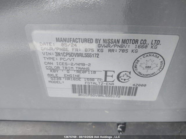 12675769 :رقم المزاد ، 3N1CP5DV9RL555172 vin ، 2024 Nissan Kicks Sr مزاد بيع