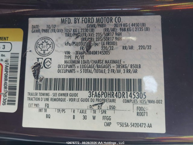 Продаж на аукціоні авто 2013 Ford Fusion Se, vin: 3FA6P0HR4DR145305, номер лоту: 12675772