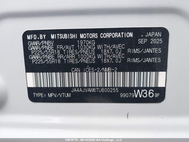 Aukcja sprzedaży 2026 Mitsubishi Rvr Se/sel/noir/gt, vin: JA4AJVAW6TU600255, numer aukcji: 12675779