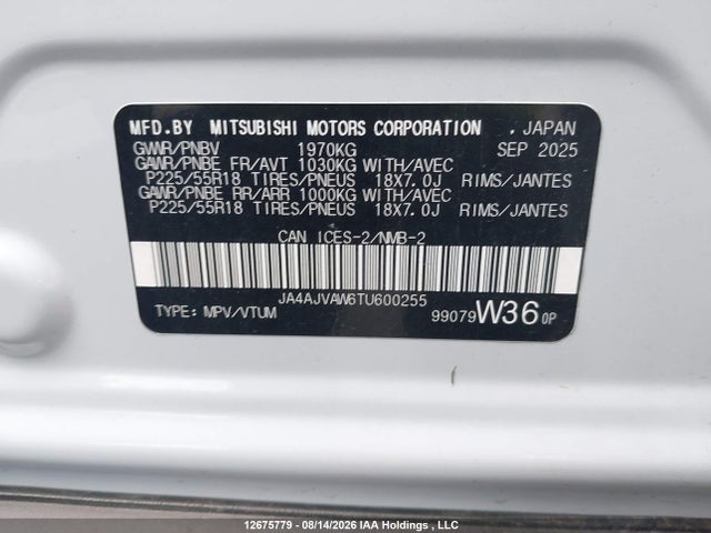 Aukcja sprzedaży 2026 Mitsubishi Rvr Se/sel/noir/gt, vin: JA4AJVAW6TU600255, numer aukcji: 12675779